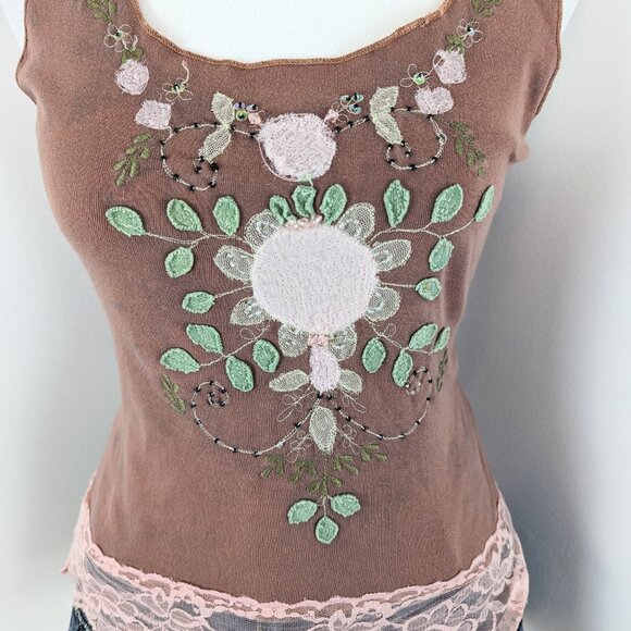 VTG 00s Y2K Alain Manoukian Tan Brown Floral Embellished Pink Lace Trim Tank Top - Picture 4 of 8